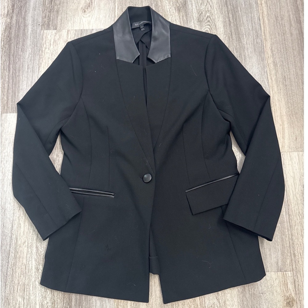 St. John Black Leather Trim Tuxedo Blazer‎ Silk Lined Stretch Jacket Womens 12